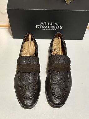 Allen Edmonds Dark Brown Pebbled Leather Penny Loafers with Suede Strap